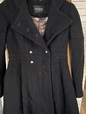 GUESS Black Double-Breasted Pea Coat with Silver Buttons